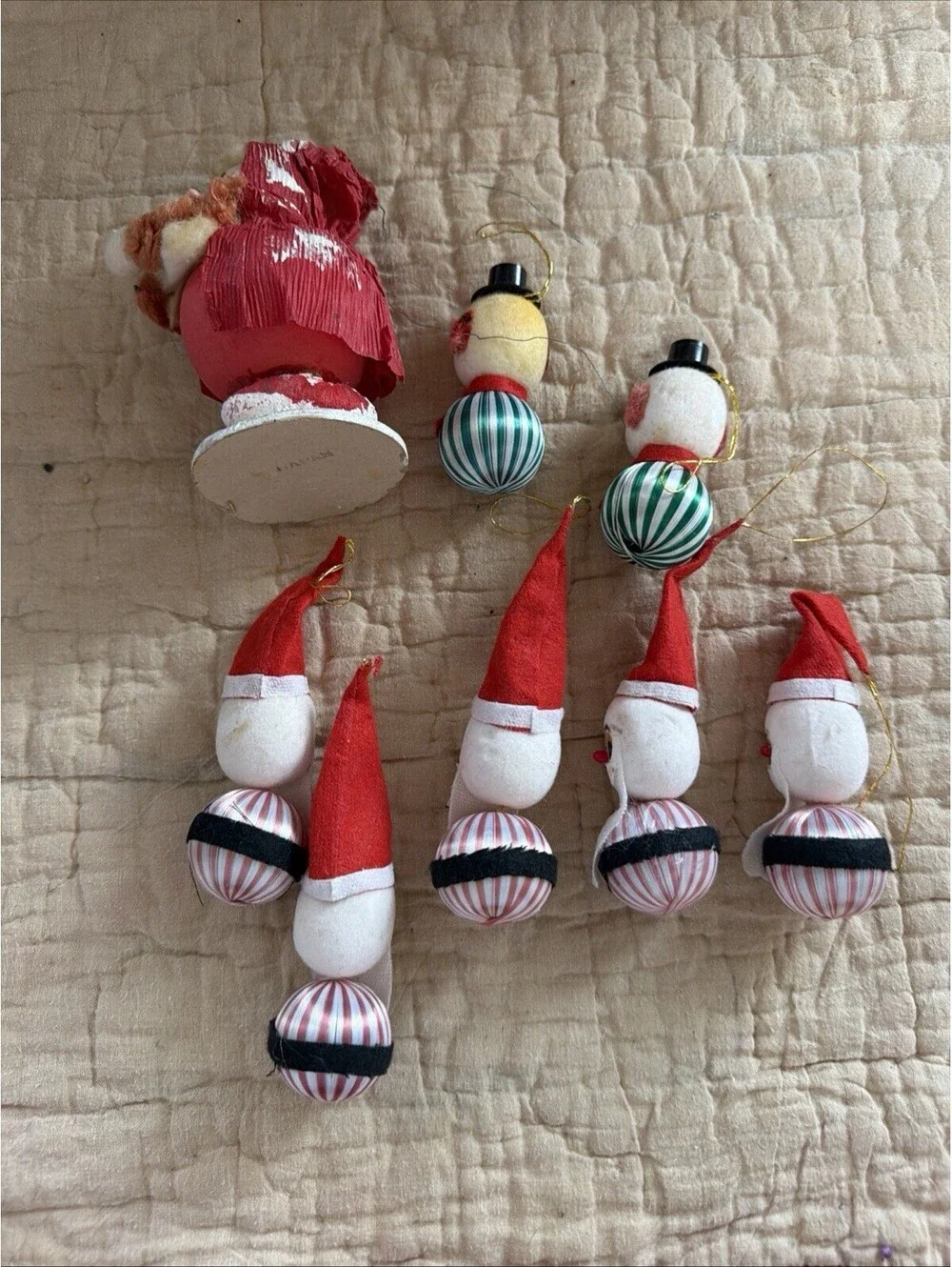 Vintage Christmas Lot Flocked Santa Snowman Ornaments Japan Kitsch MCM 1950s